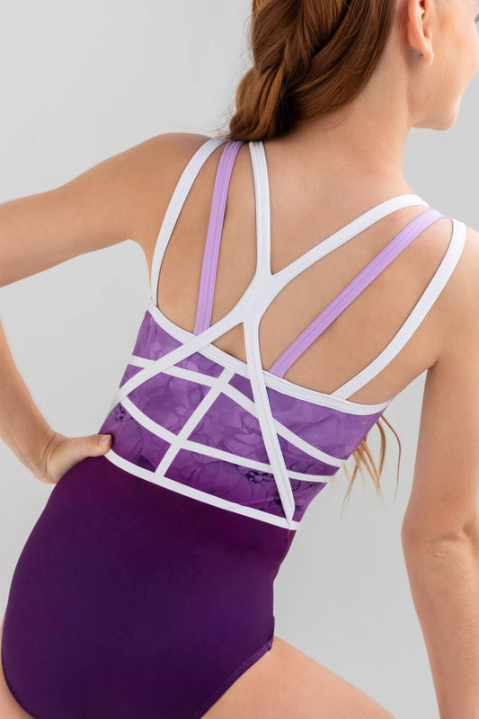 Back view of the Misha Leotard showcasing dual-colored triple straps and deep purple ombre design inspired by Paris.