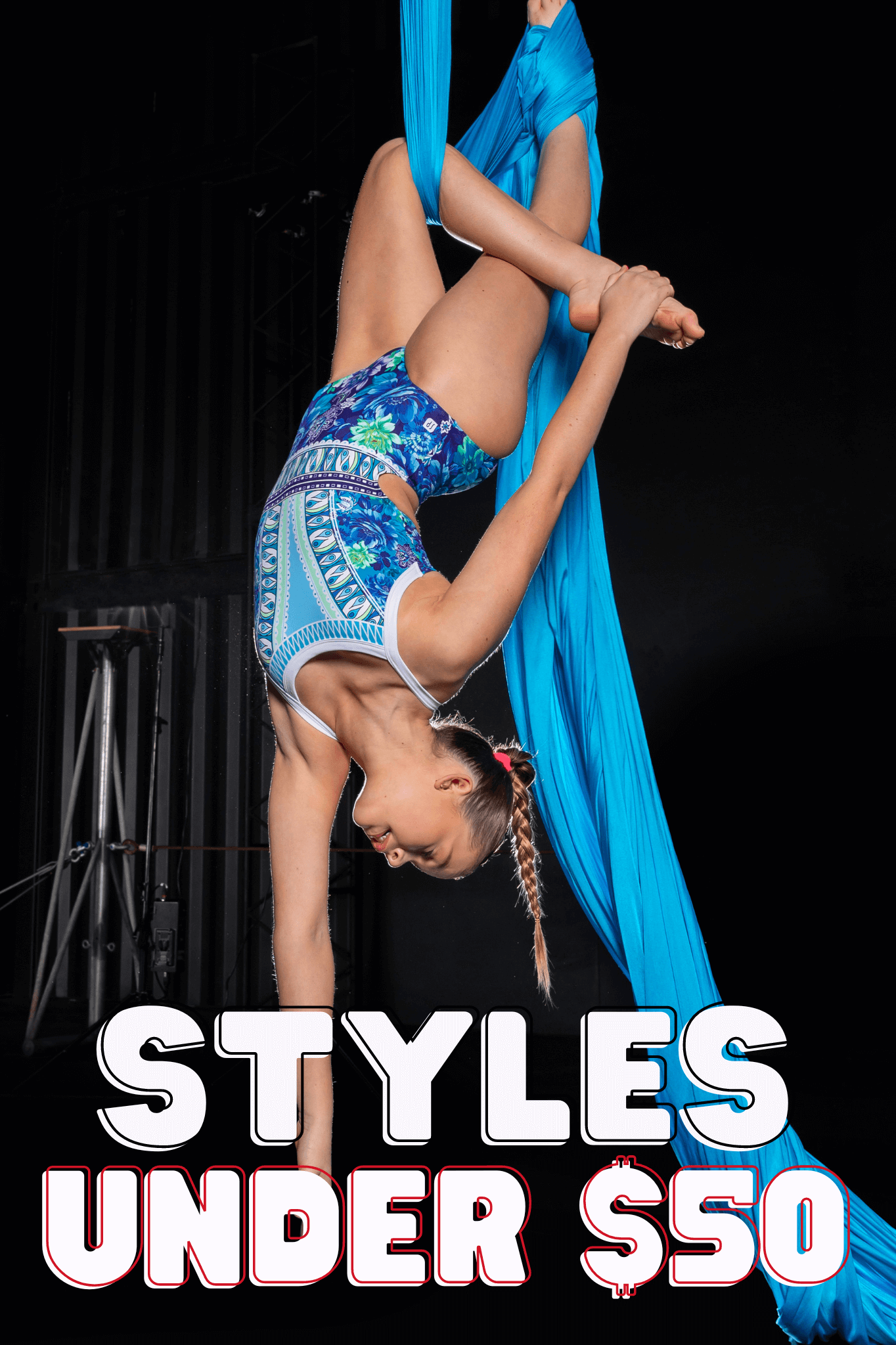 Flexible athlete in vibrant leotard performing aerial skills, showcasing styles under $50.