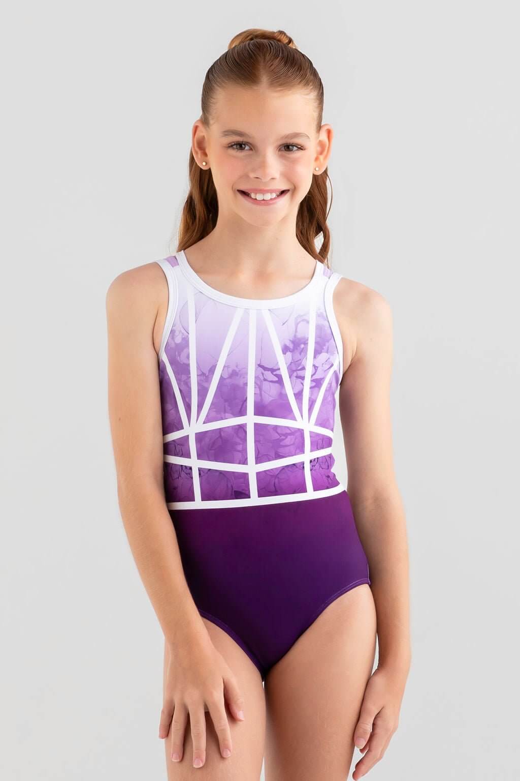 Girl in Misha Leotard, showcasing purple ombre design with elegant linework and scoop back.